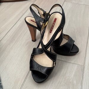 Prada Black Leather Heels with Tan Accents